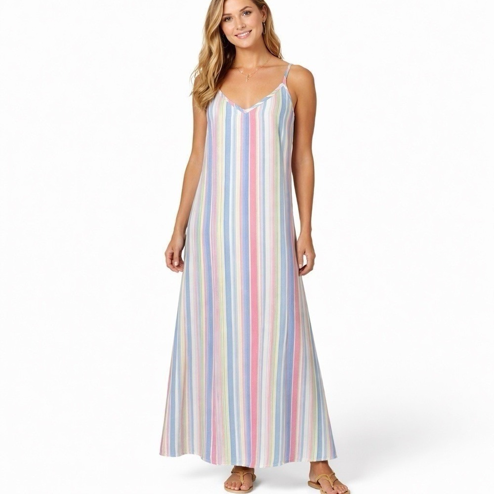 C&C California‎ Linen Striped Midi Dress Spaghetti Strap V Neck Casual Summer M